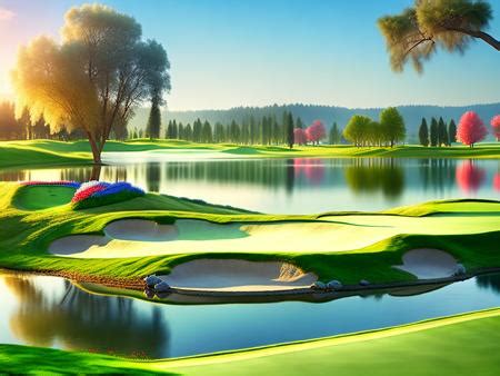 A Painting Of A Golf Course With Water And Trees Image Design Id