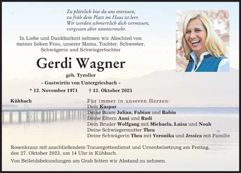 Traueranzeigen Von Gerdi Wagner Augsburger Allgemeine Zeitung