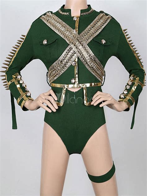 Green Army Uniform Bodysuit Jazz Dance Costume