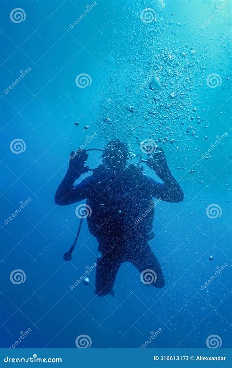 Scuba Diver Swimming Blue Water Air Bubbles Stock Image Image Of