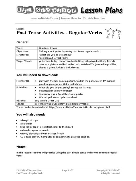 Past Tense Regular Verbs Lesson Plan Pdf Lesson Plan Grammatical Tense