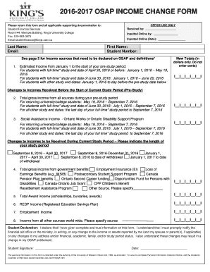 Fillable Online 2016 2017 OSAP INCOME CHANGE FORM Fax Email Print