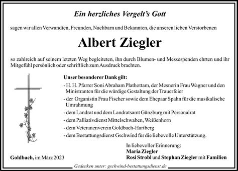 Traueranzeigen Von Albert Ziegler Augsburger Allgemeine Zeitung