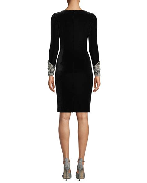 Badgley Mischka Collection Velvet Long Sleeve Dress W Beaded Cuffs Long Sleeve Dress Long