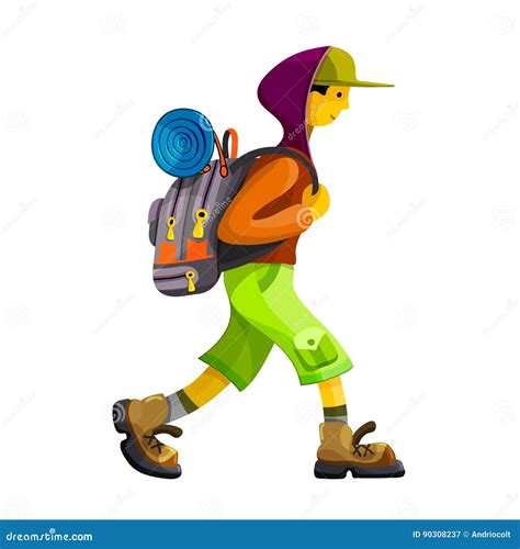 Man Hiker With Rucksack Walking On Mountain Cartoon Vector