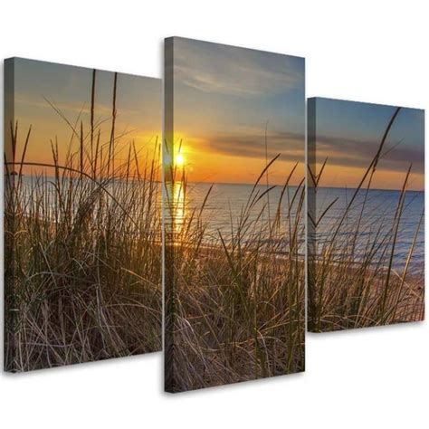 Leinwandbild Teilig Meer Strand Gras Sonnenuntergang Wall Art De