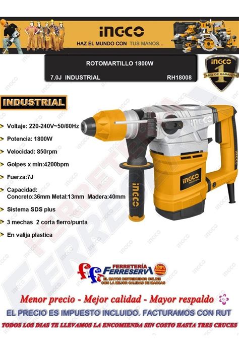 Ff Rotomartillo Ingco Rh18008 Sds Plus 1800w 7jou Industrial U S 192