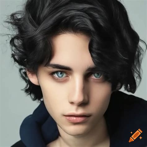 "young man with shoulder length wavy black hair and hazel green eyes ...