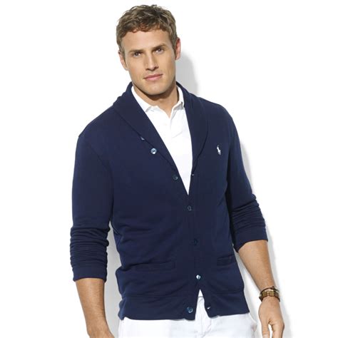 Lyst Ralph Lauren Shawl Collar Fleece Cardigan In Blue For Men