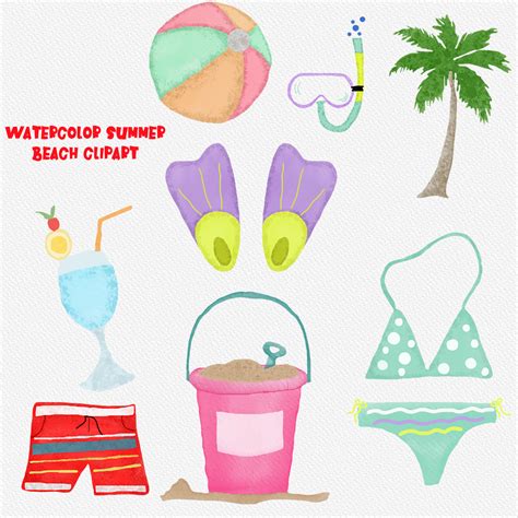 Summer Beach Clipart Watercolor Beach Clipart Summer Essentials