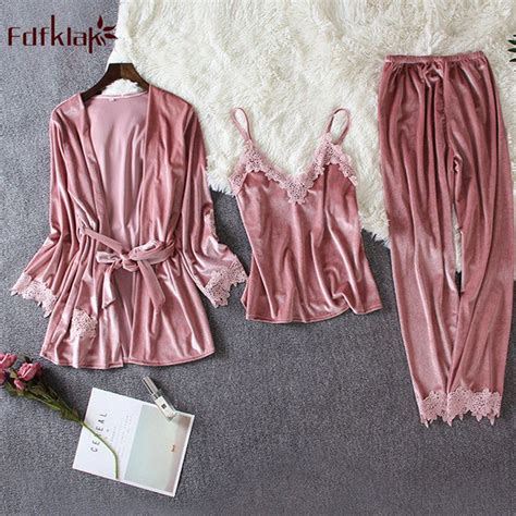 Fdfklak Sexy 3 Pieces Pajamas For Women Long Sleeve Winter Pyjama Suit