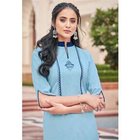 Sky Blue Casual Wear Embroidered Cotton Palazzo Suit