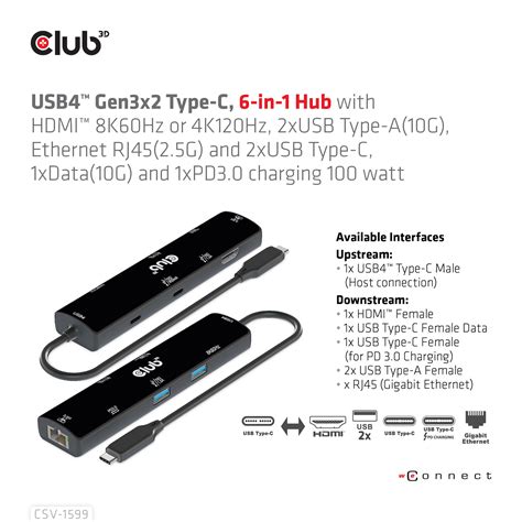 Club3d Usb4™ Gen3x2 Type C 6 In 1 Hub With Hdmi™ 8k60hz Or 4k120hz 2xusb Type A10g Ethernet