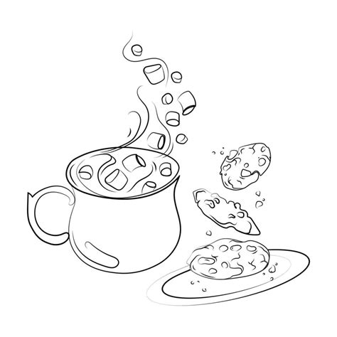 Hot Chocolate Or Cocoa Drink With Marshmallows And Chocolate Chip Cookies Line Art Drawing