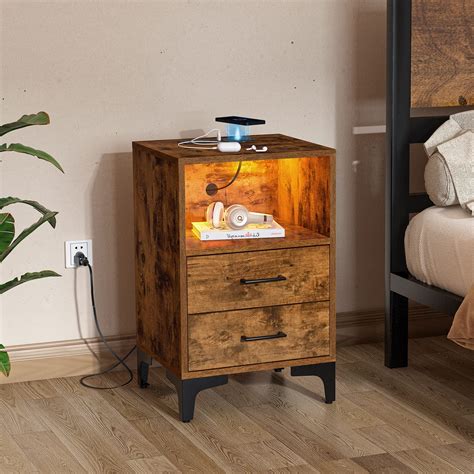 Lyncohome Nightstand With Wireless Charging Station And Led Lights