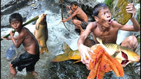 Primitive Technology Catch Fish Cooking Eat Delicious At Waterfall