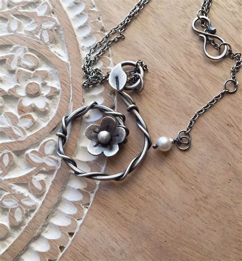 Silver Flower Pendant Necklace Statement Necklace Bohemian