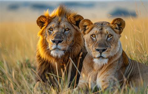 Male Lion and Female Lion Sitting in Tall Grass Stock Image - Image of ...