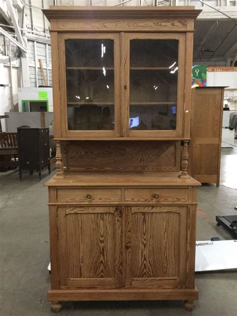 Sold Price Large Vintage Oak China Cabinet Hutch W Glass Window Doors