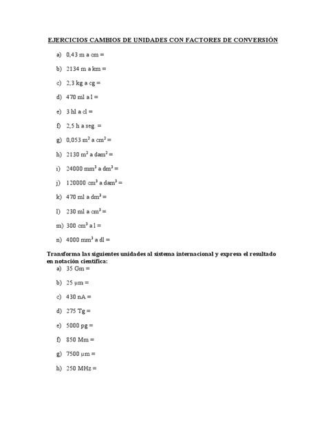 Ejercicios Cambios De Unidades Con Factores De Conversión Pdf