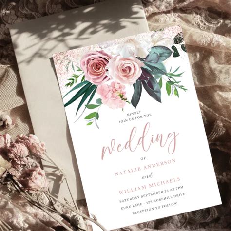 Dusty Rose Blush Pink Floral Wedding Invitation Zazzle