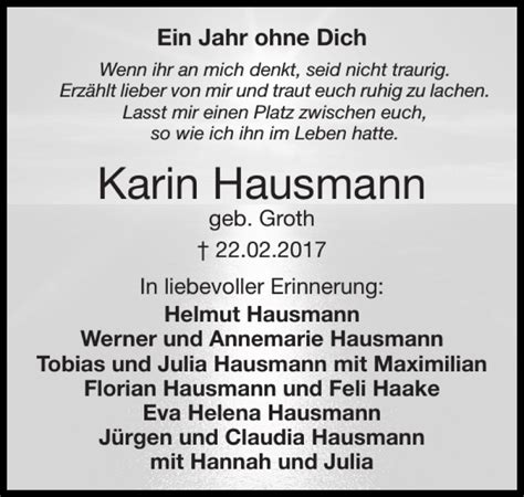 Traueranzeigen Von Karin Hausmann Aachen Gedenkt