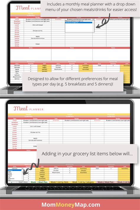 Meal Planner Excel Spreadsheet With Automated Grocery List Coral Meal Planner Monthly Meal