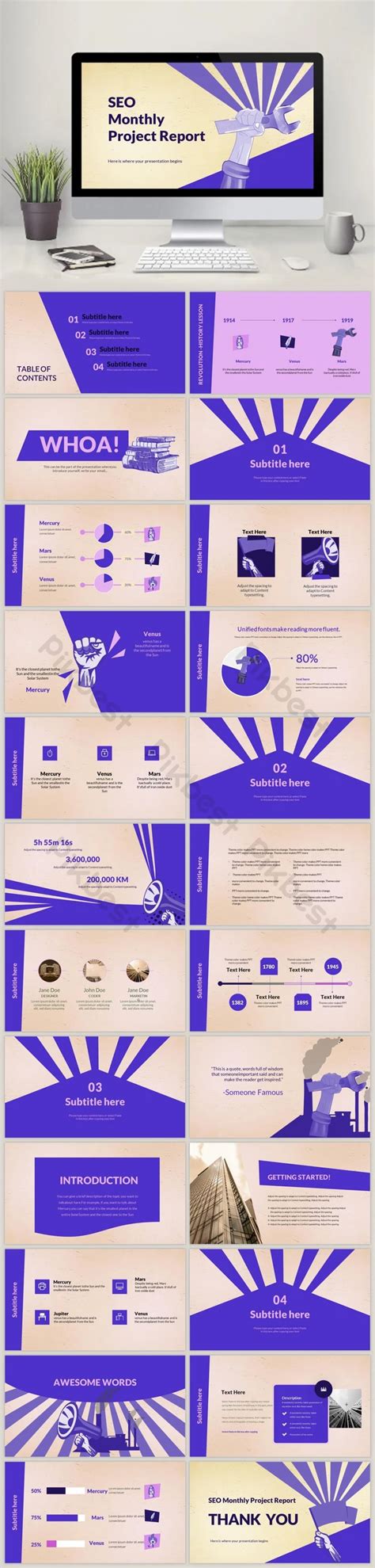 Seo Monthly Project Report Blue Powerpoint Pptx Template Free