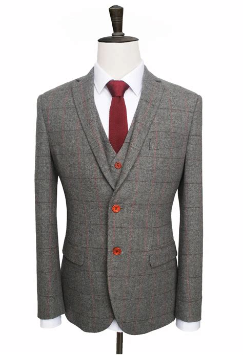 Custom Made Woolen Light Grey Windowpane Herringbone Tweed Men Wedding