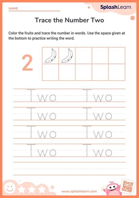 Color The Fruits And Trace The Word Two — Printable Math Worksheet