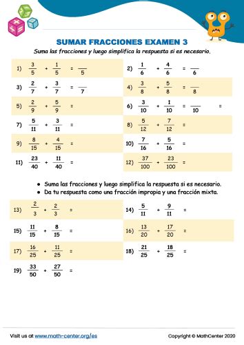 Sumar Fracciones Examen Pruebas Math Center