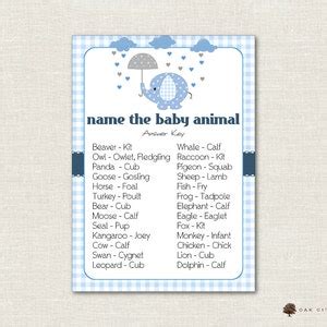 Elephant Name the Baby Animal Baby Shower Game Blue Elephant Shower ...