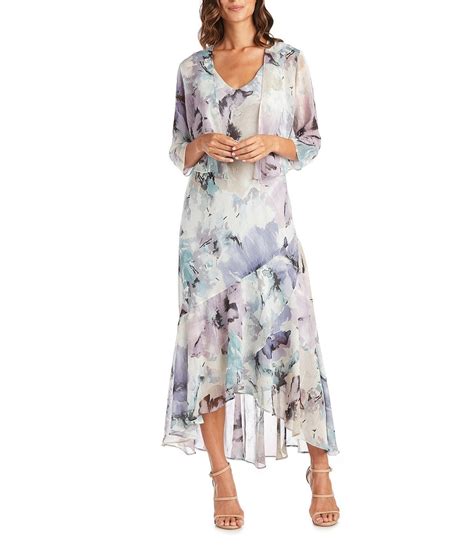 R M Richards Watercolor Floral Printed Chiffon V Neck Tiered Ruffle