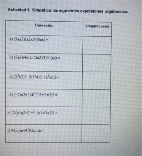 Solved Actividad Simplifica Las Siguientes Expresiones Algebraicas