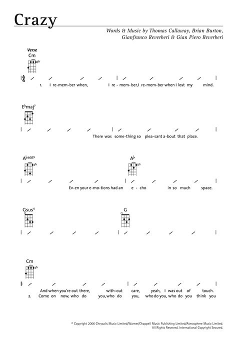 Crazy By Gnarls Barkley Sheet Music For Ukulele Chords Lyrics At Sheet Music Direct