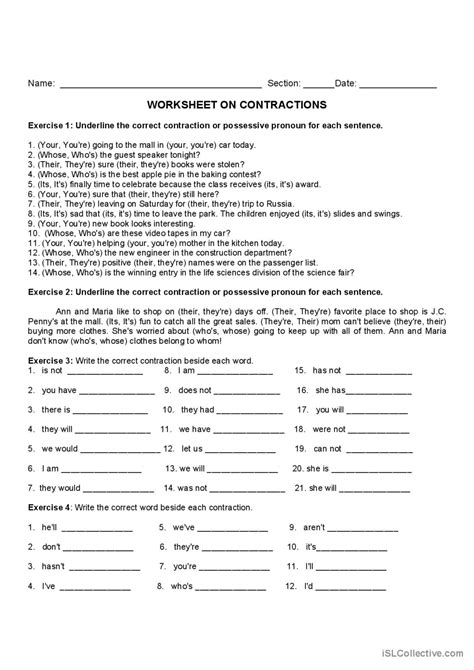 Contractions Worksheet General Gramm… English Esl Worksheets Pdf And Doc