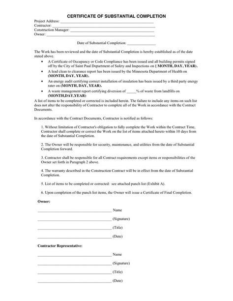 Certificate Of Substantial Completion Template Best Templates Ideas