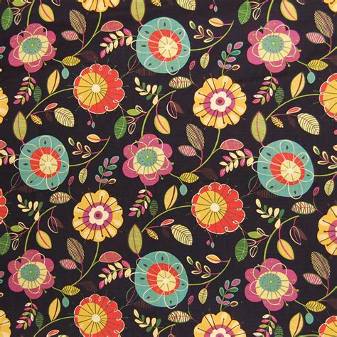 Midnight Black Floral Cotton Upholstery Fabric