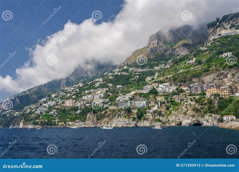 Amalfi Coast Italy Landscape Sea View With Low Rise Buildings At