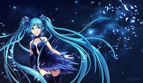 Vocaloid Hatsune Miku Blue Dress Long Hair Twintails Thigh Highs Ribbon