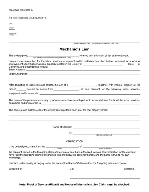 Free Printable Mechanics Lien Templates PDF Word