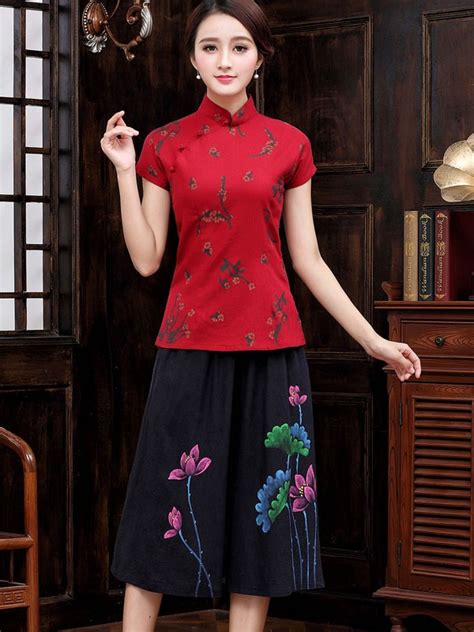 Red Short Sleeve Chinese Qipao Cheongsam Shirt Cozyladywear