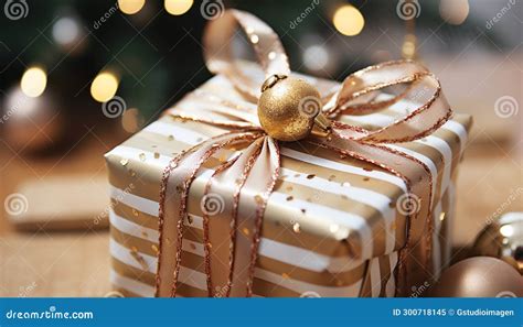 Shiny Gold Gift Box Wrapped In Glitter Generated By AI Stock Image