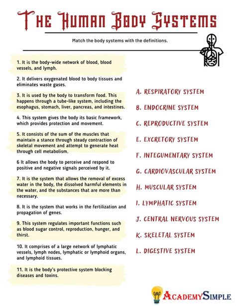 Science Worksheets The Human Body Systems Academy Simple