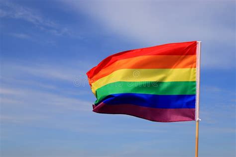 A Beautiful Rainbow Flag Of The Lgbt Organization Flies In The Sky