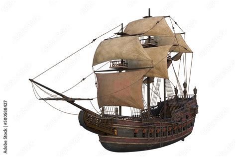 Old Wooden Pirate Ship In Full Sail 3d Rendering Isolated On White