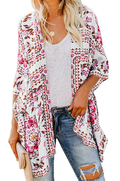 White Floral Open Front Cardigan Cover Up Kimono Kimono Kimono