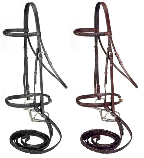 English Show Bridle Reins Braided Raised Black Leather Full Horse