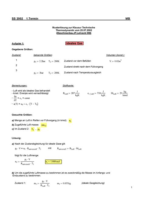 SS 2002 Übungen Technische Thermodynamik c v Luft 718 J kgK M