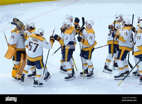 The Nashville Predators Celebrate Their Win Over The Chicago Blackhawks